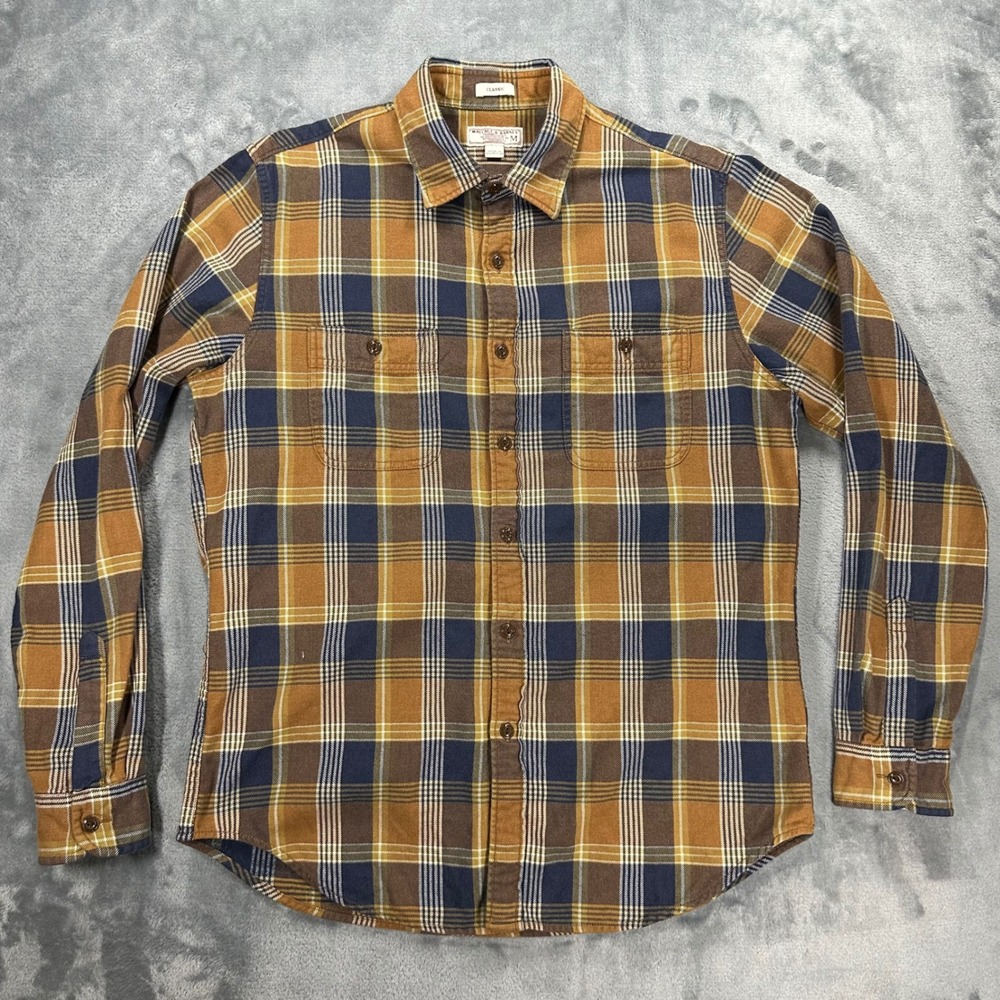 Wallace & Barnes J.Crew Mens M Classic Flannel Shirt Plaid Ochre Navy J6096 FA18